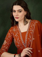 Orange Floral Embroidered Georgette Kurta Set – V-Neck – Sequinned