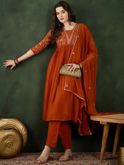 Orange Floral Embroidered Georgette Kurta Set – V-Neck – Sequinned