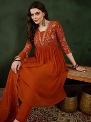 Orange Floral Embroidered Georgette Kurta Set – V-Neck – Sequinned