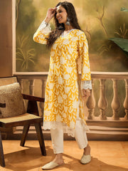 Yellow Floral Cotton Straight Kurta – V-Neck