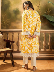 Yellow Floral Cotton Straight Kurta – V-Neck