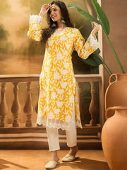 Yellow Floral Cotton Straight Kurta – V-Neck