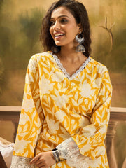 Yellow Floral Cotton Straight Kurta – V-Neck