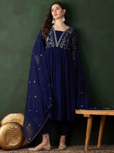 Navy Blue Embroidered Georgette Kurta Set – A-Line – Round Neck