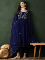 Navy Blue Embroidered Georgette Kurta Set – A-Line – Round Neck
