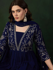 Navy Blue Embroidered Georgette Kurta Set – A-Line – Round Neck