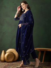 Navy Blue Embroidered Georgette Kurta Set – A-Line – Round Neck