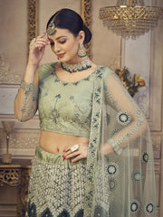 Lime Green Embroidered Lehenga – Beads & Stones – Semi-Stitched with Dupatta
