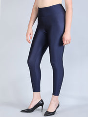 Navy Blue Slim-Fit Shimmer Nylon Leggings – High Waist – Solid