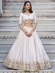 White & Maroon Embroidered Silk Lehenga – V-Neck – Ready to Wear with Dupatta