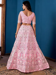 Pink & White Embroidered Net Lehenga – Thread Work – Semi-Stitched with Dupatta