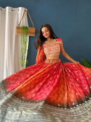 Red & Black Sequinned Embroidered Lehenga – V-Neck – Dupatta Included