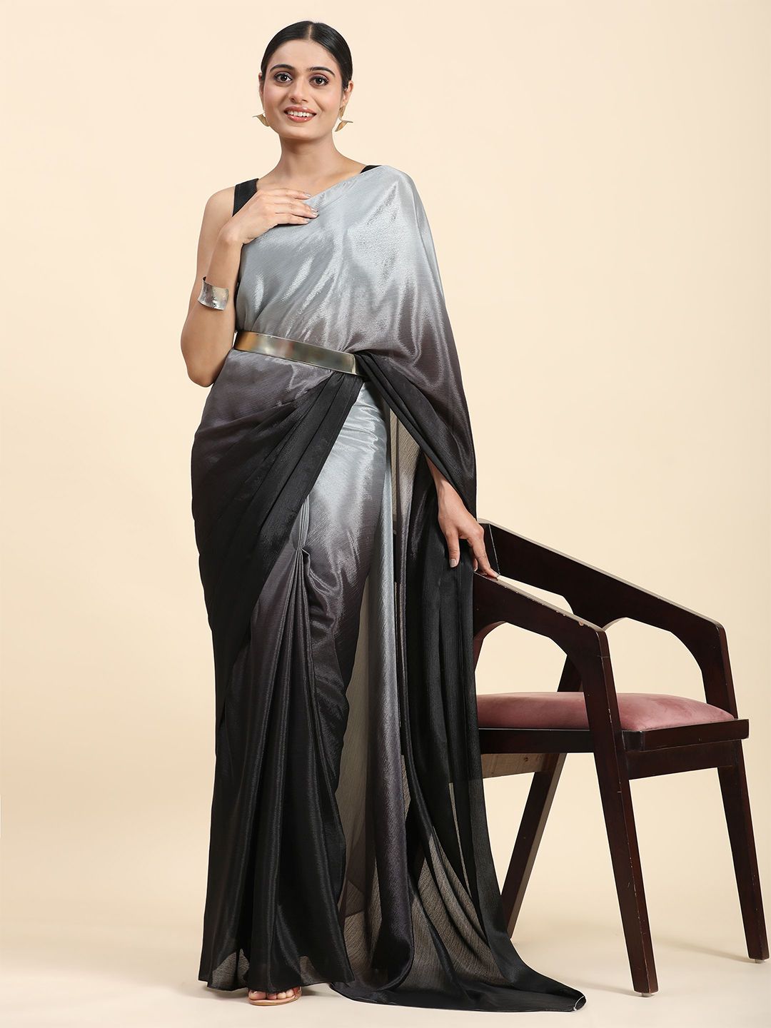 Grey & Black Ombre Poly Chiffon Saree – No Border – Solid