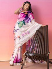 Cream & Pink Floral Art Silk Saree – Embroidered Border – Ready to Wear