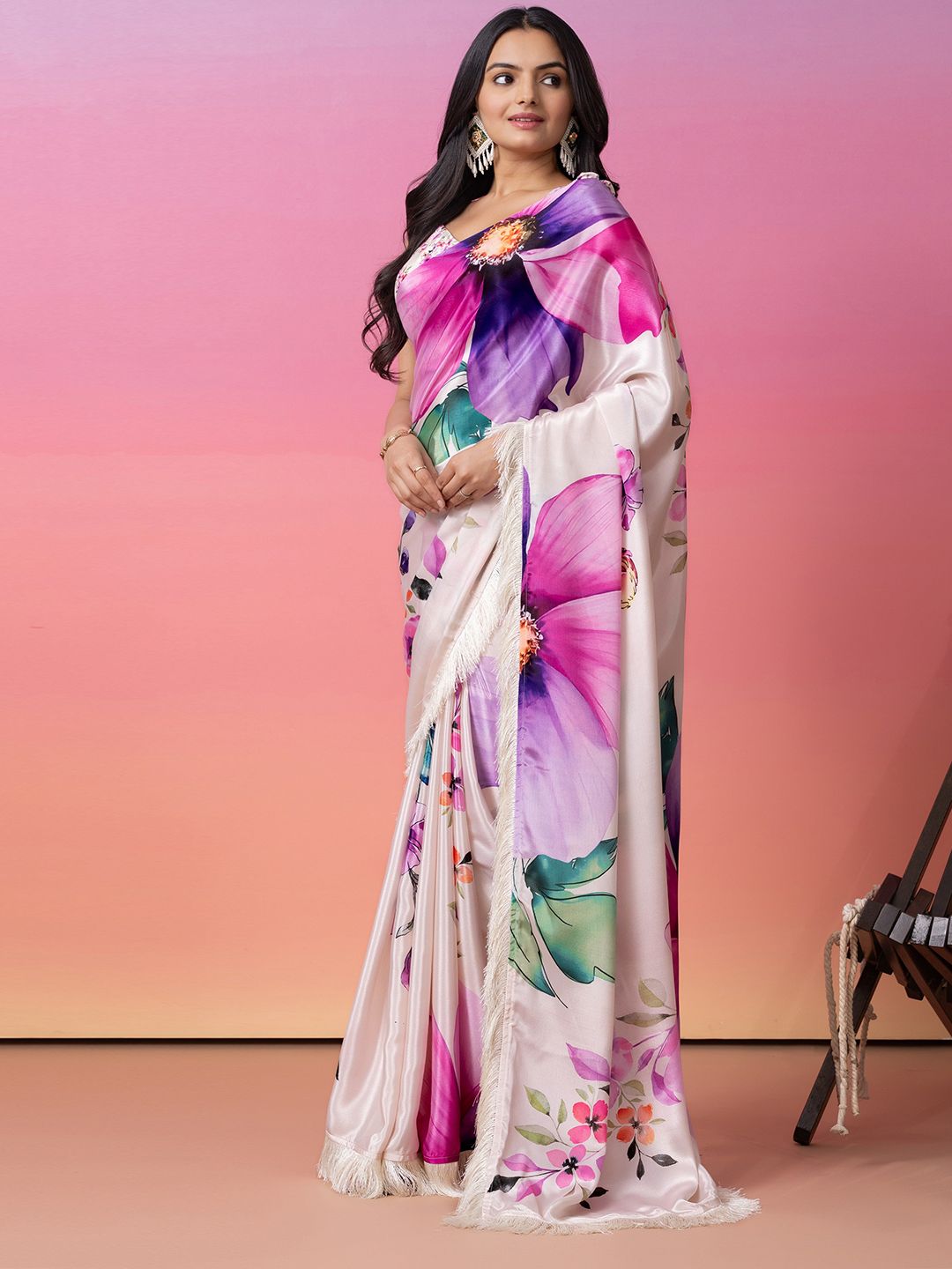 Cream & Pink Floral Art Silk Saree – Embroidered Border – Ready to Wear