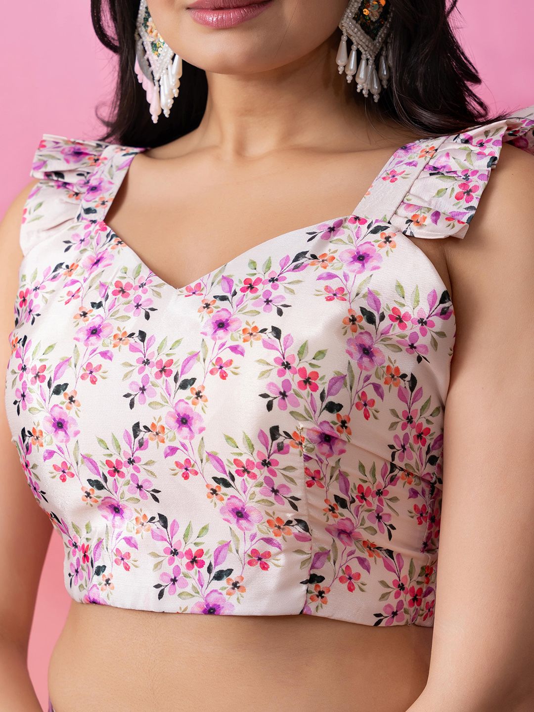 Cream & Pink Floral Art Silk Saree – Embroidered Border – Ready to Wear