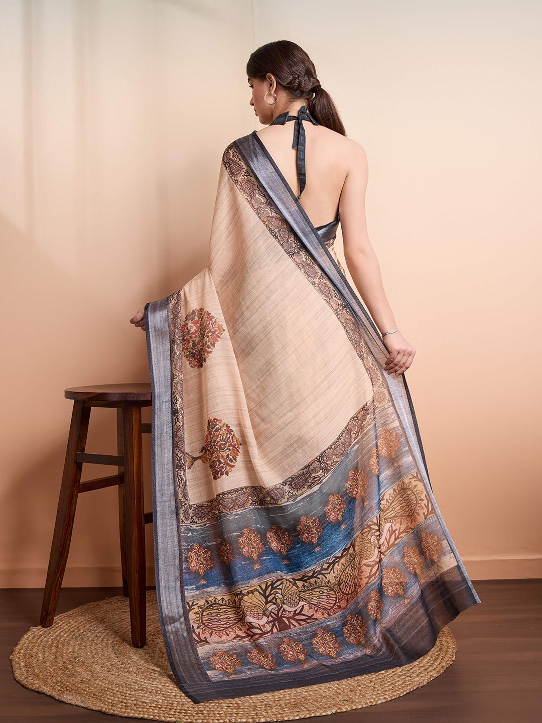 Cream & Blue Woven Linen Blend Saree – Ready to Wear – Zari Ornamentation