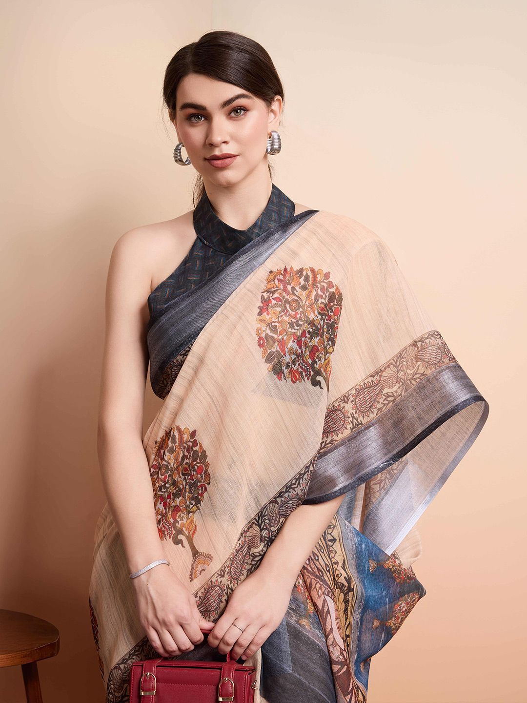 Cream & Blue Woven Linen Blend Saree – Ready to Wear – Zari Ornamentation