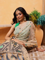 Black & Cream Jamdani Cotton Saree – Round Neck – Floral Woven