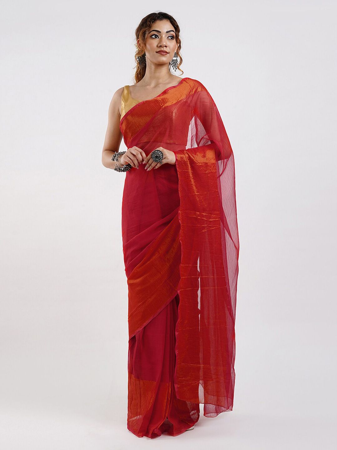 Pink Solid Poly Chiffon Saree – Woven Zari Border – Zari Work