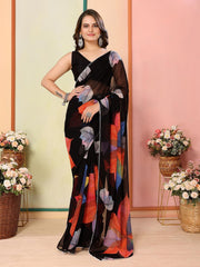Black & Blue Floral Printed Poly Georgette Saree – Ready to Wear – Printed Border
