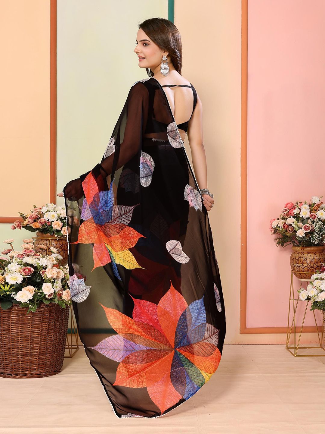 Black & Blue Floral Printed Poly Georgette Saree – Ready to Wear – Printed Border