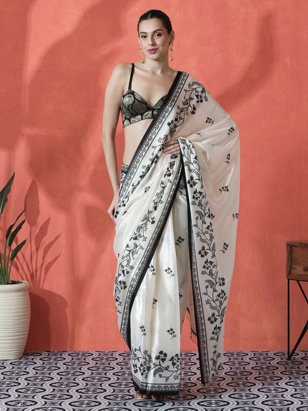 White & Black Floral Satin Saree – Embellished Border – Beads and Stones