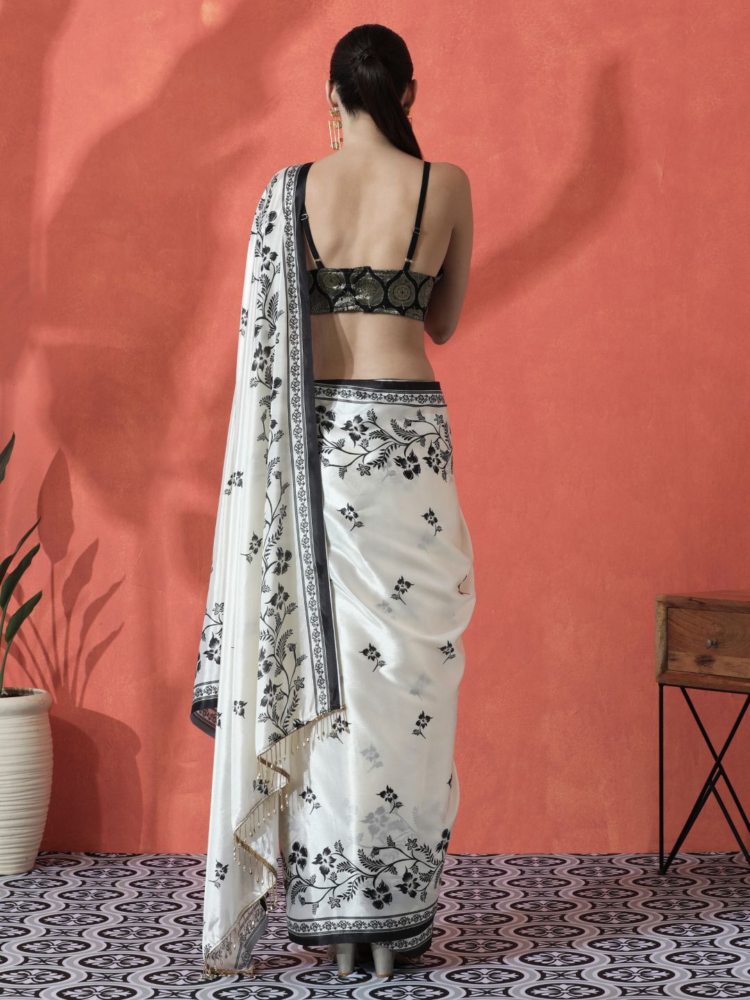 White & Black Floral Satin Saree – Embellished Border – Beads and Stones