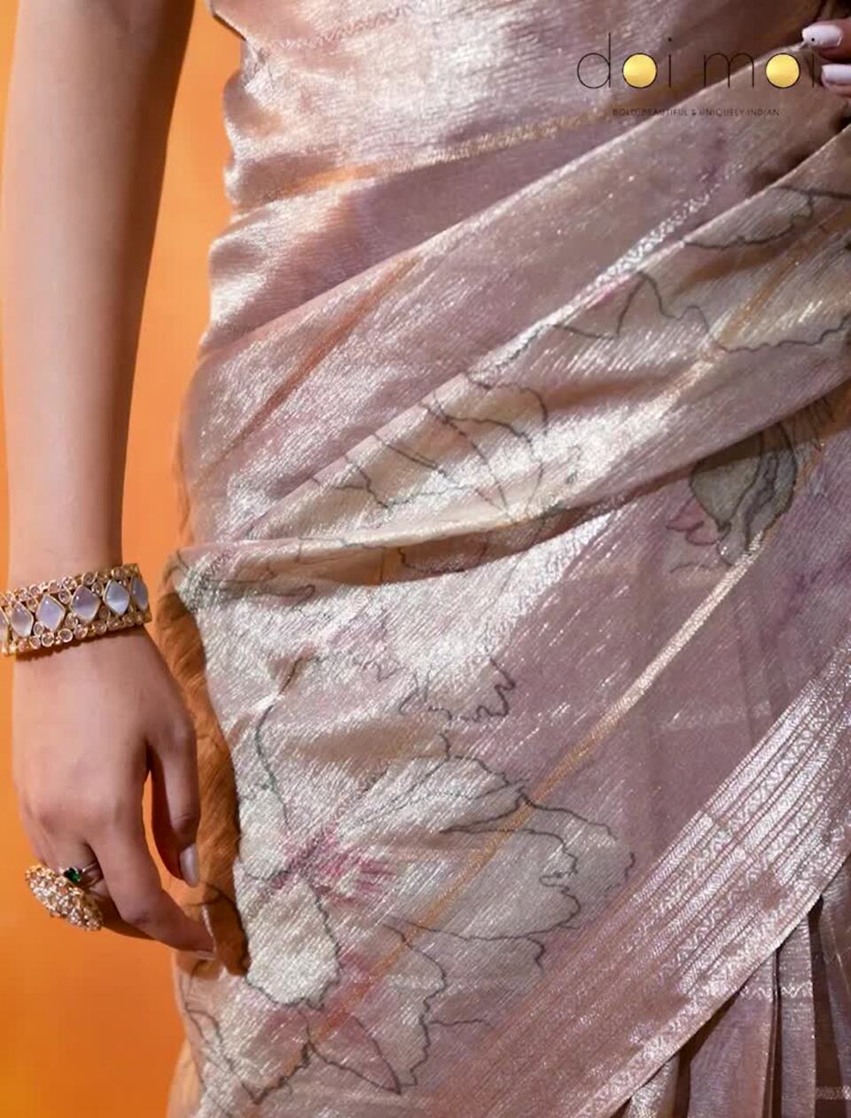Pink & Green Floral Print Tissue Saree – Printed Border