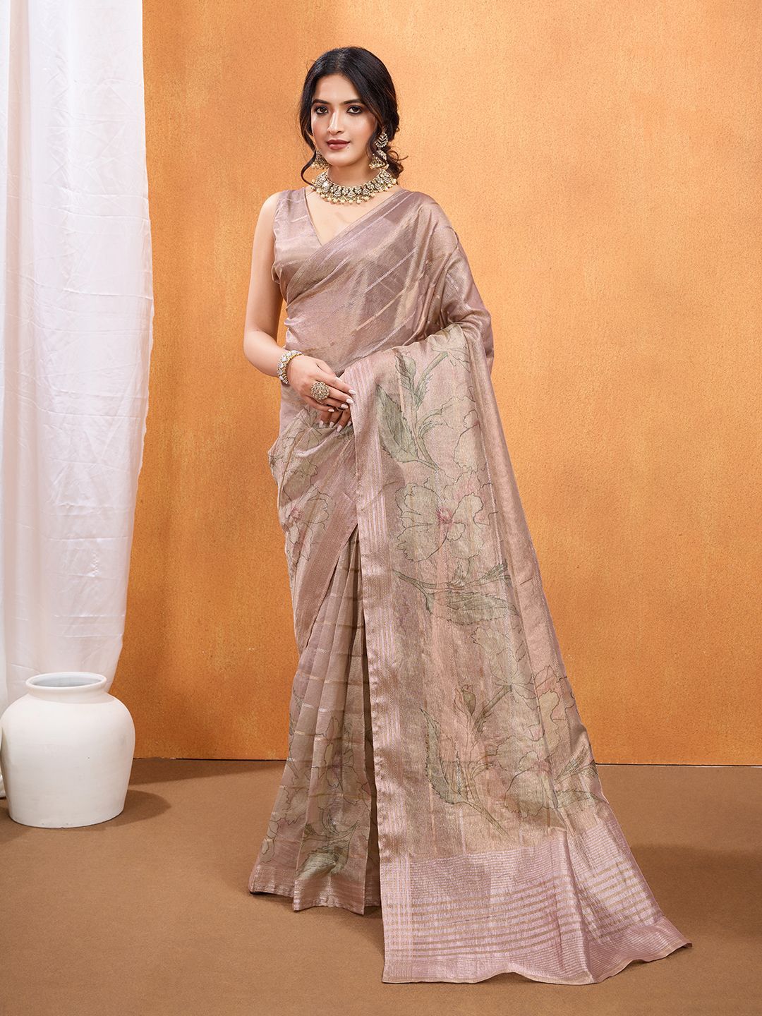 Pink & Green Floral Print Tissue Saree – Printed Border