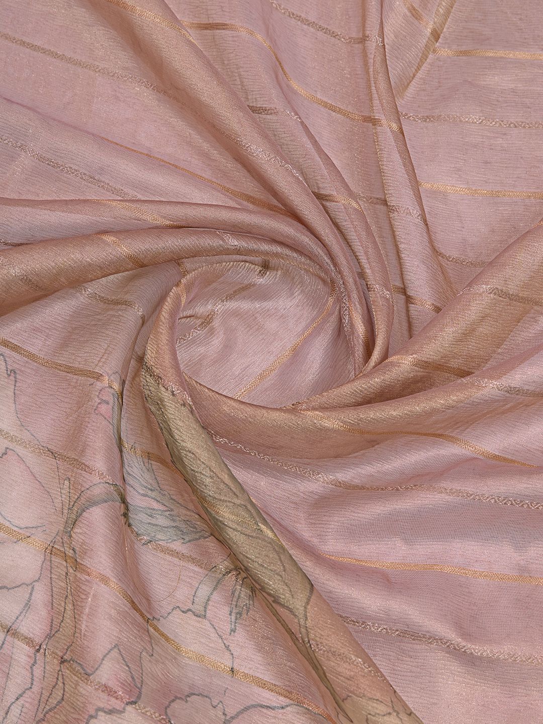 Pink & Green Floral Print Tissue Saree – Printed Border