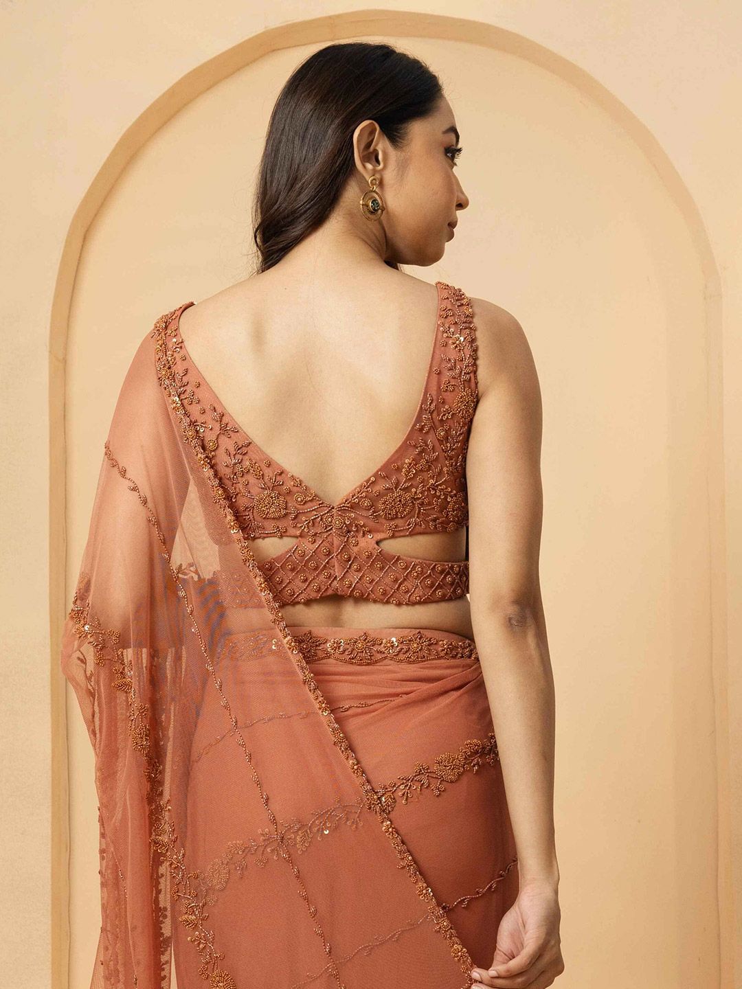 Pink Pre-Draped Pure Georgette Saree – Embroidered Border – Embellished