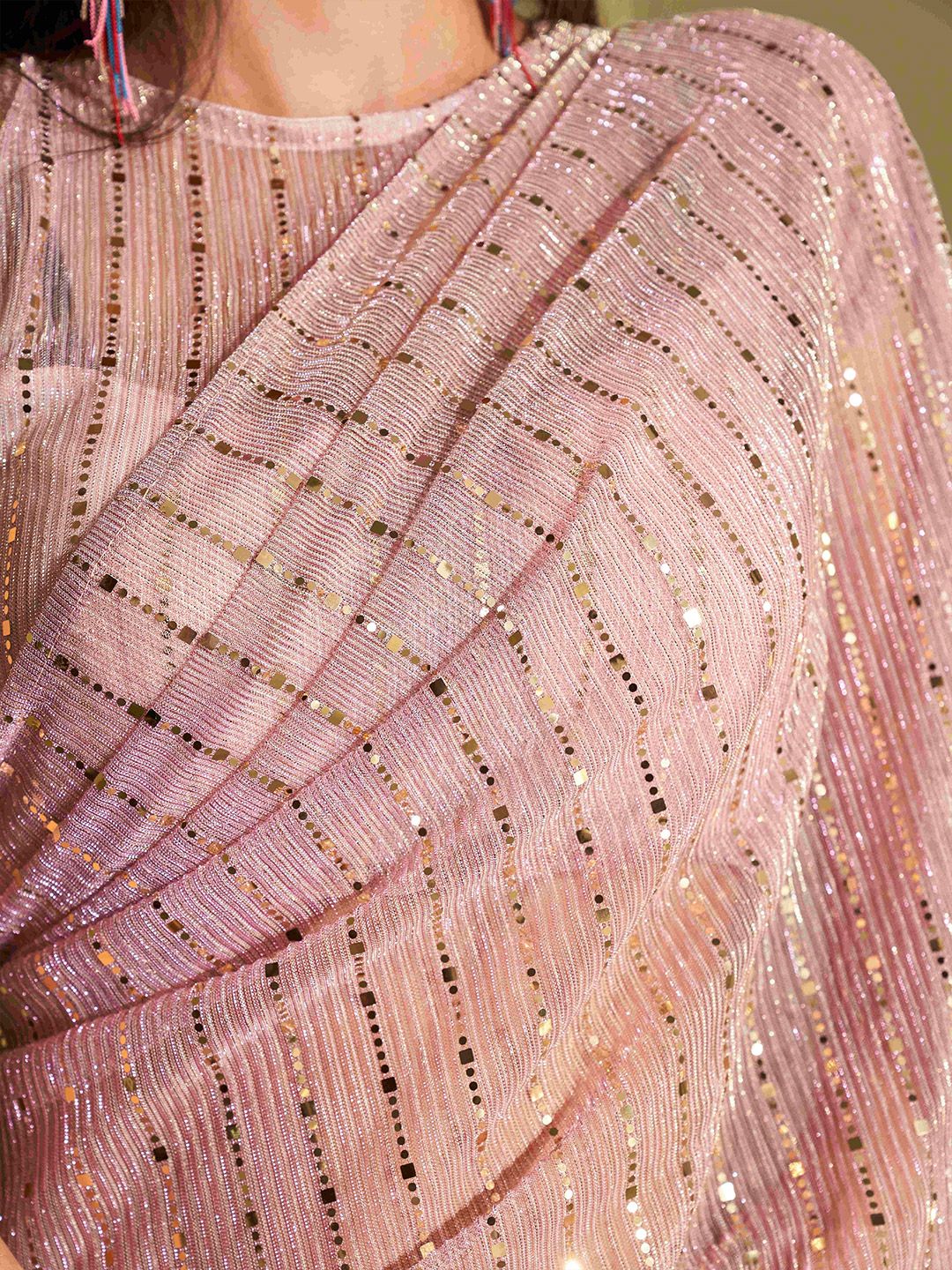 Pink Ready to Wear Lycra Saree – No Border – Sequinned Embellished