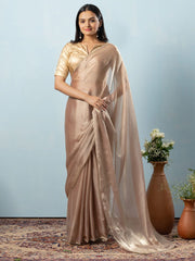 Brown Solid Lame Saree – Embellished Border – Unstitched Tissue Blouse