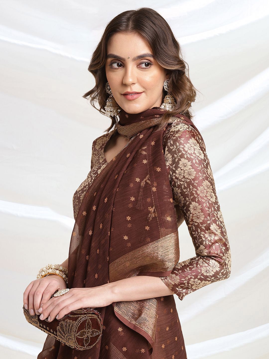 Coffee Brown & Gold Floral Printed Poly Chiffon Saree – Woven Border