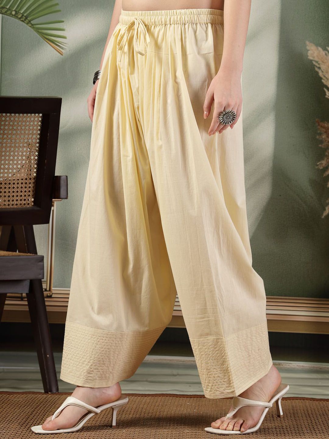 Cream Solid Cotton Farshi Salwar – Slip-On – Thread Work