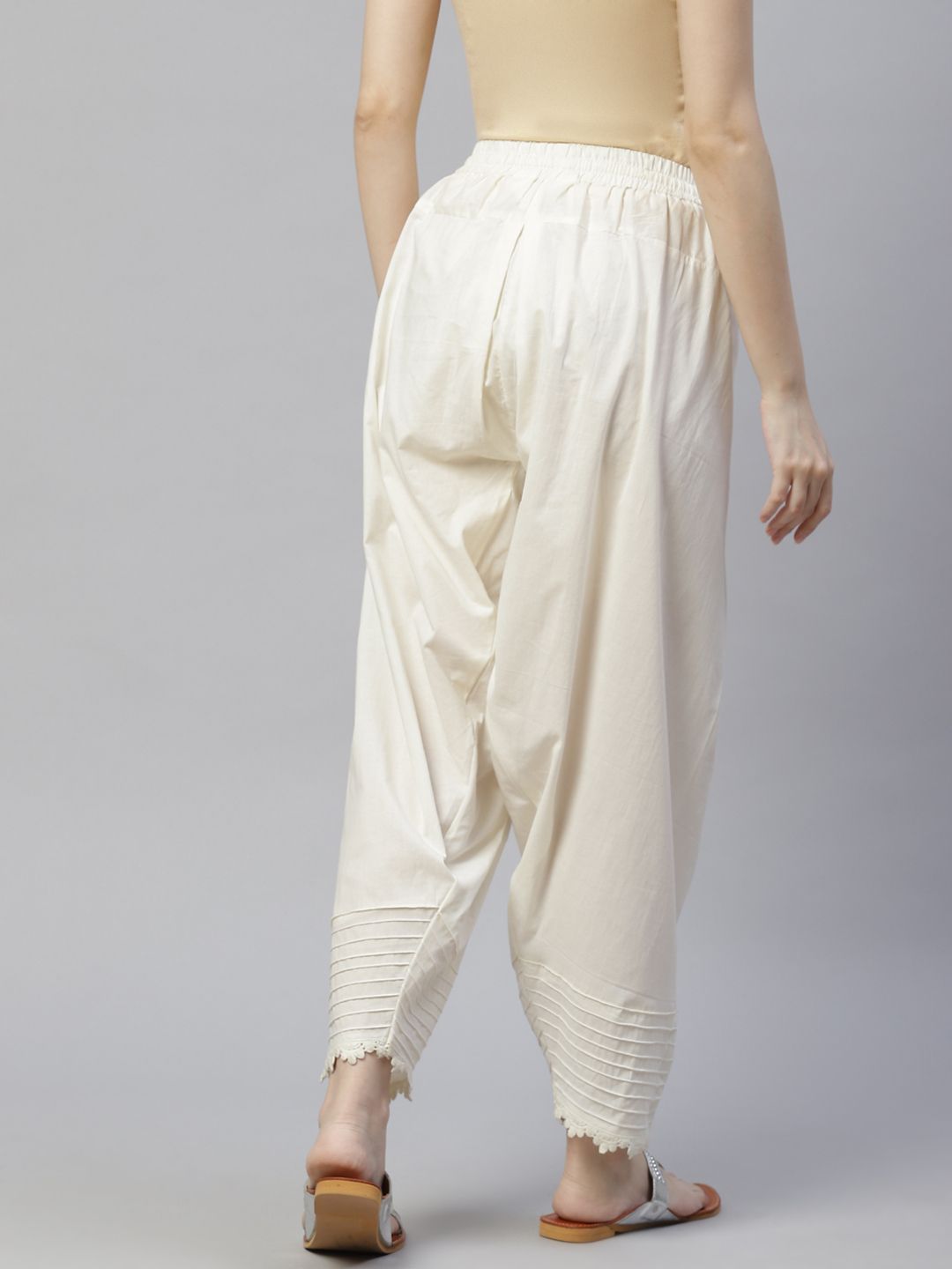 Off-White Solid Pure Cotton Salwar – Slip-On – Lace Border