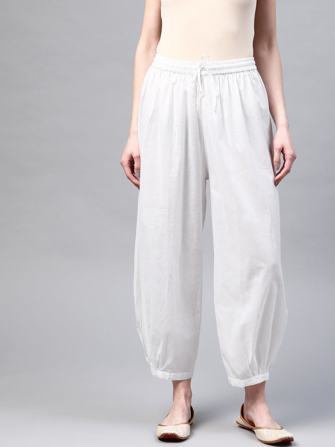 White Solid Pure Cotton Cropped Afghan Salwar – Drawstring Closure
