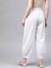 White Solid Pure Cotton Cropped Afghan Salwar – Drawstring Closure