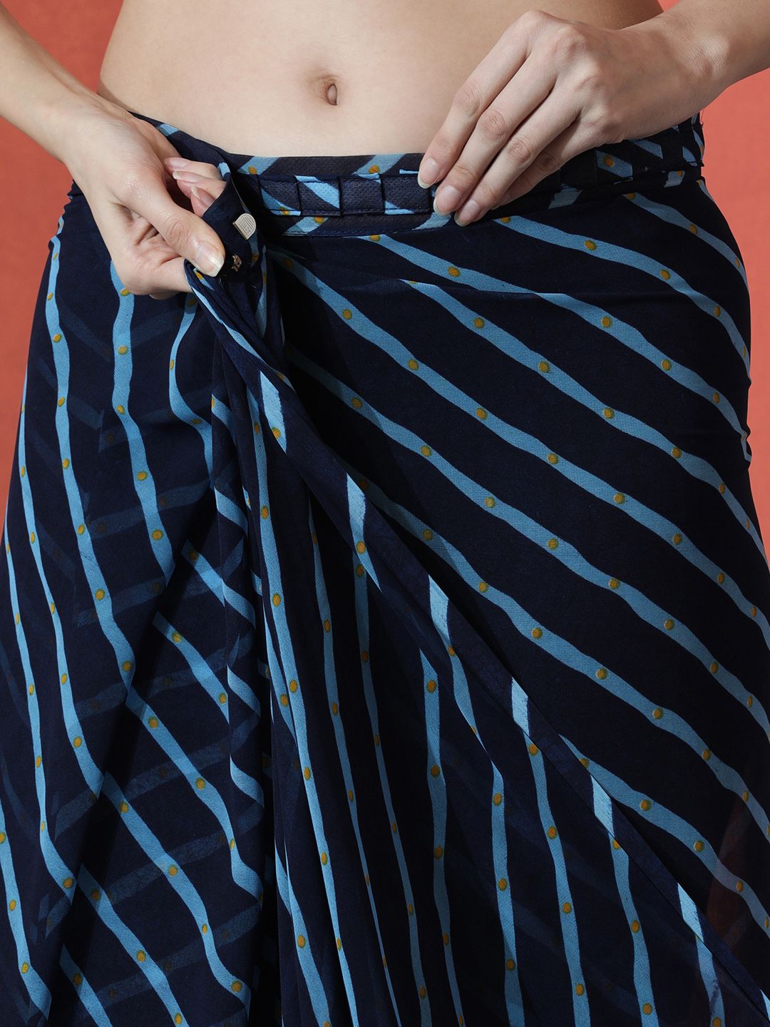 Blue Striped Printed Poly Georgette Saree – Unstitched Blouse Piece