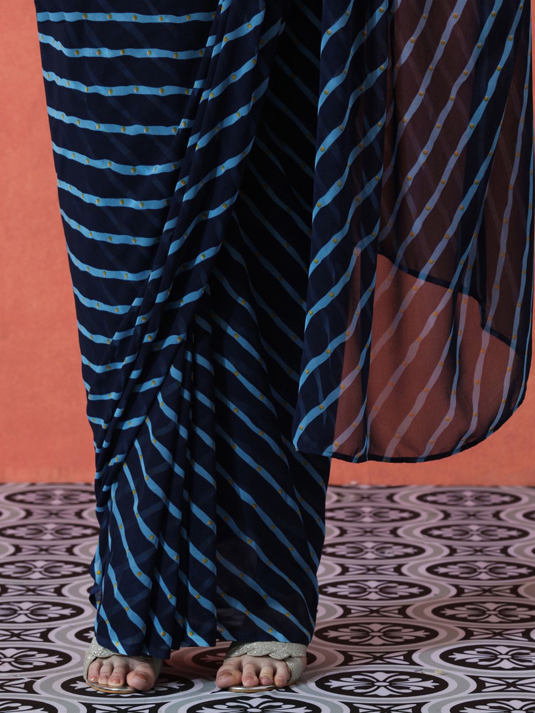 Blue Striped Printed Poly Georgette Saree – Unstitched Blouse Piece