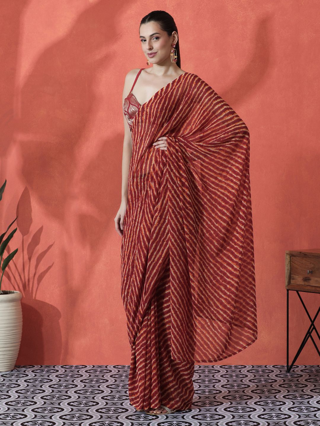 Maroon & Orange Leheriya Poly Georgette Saree – Unstitched Blouse Piece – Printed