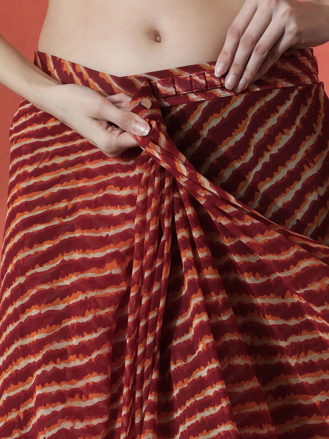 Maroon & Orange Leheriya Poly Georgette Saree – Unstitched Blouse Piece – Printed
