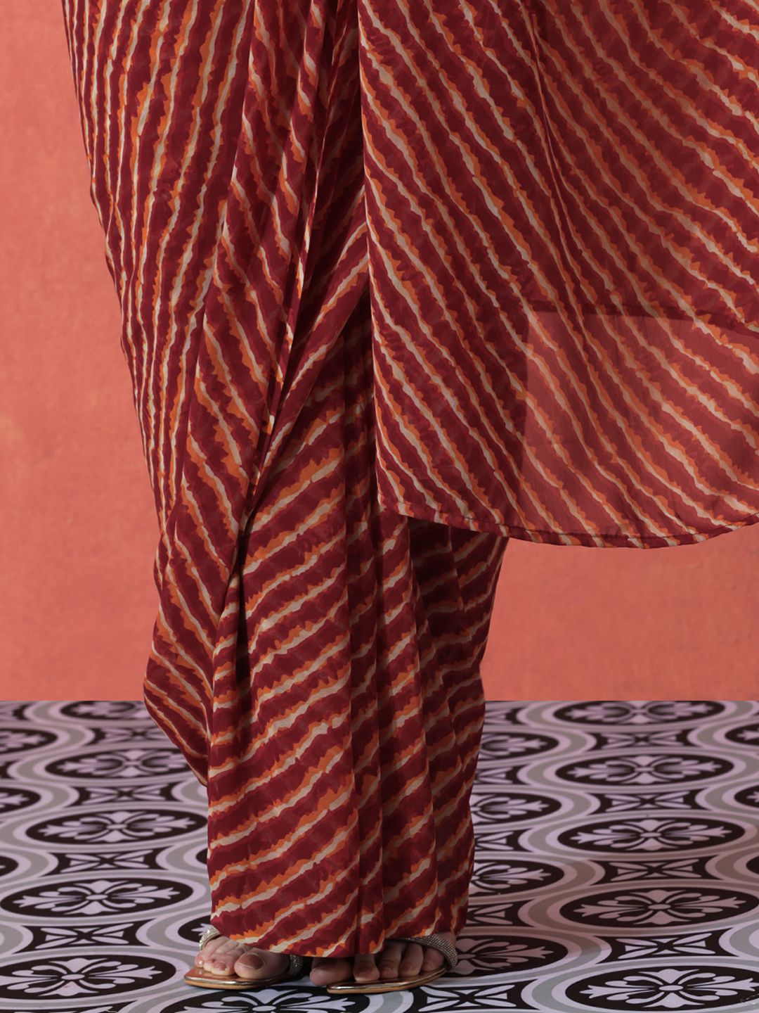 Maroon & Orange Leheriya Poly Georgette Saree – Unstitched Blouse Piece – Printed