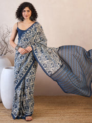 Off White & Blue Dabu Art Silk Saree – Ready to Wear – Ethnic Motif Print