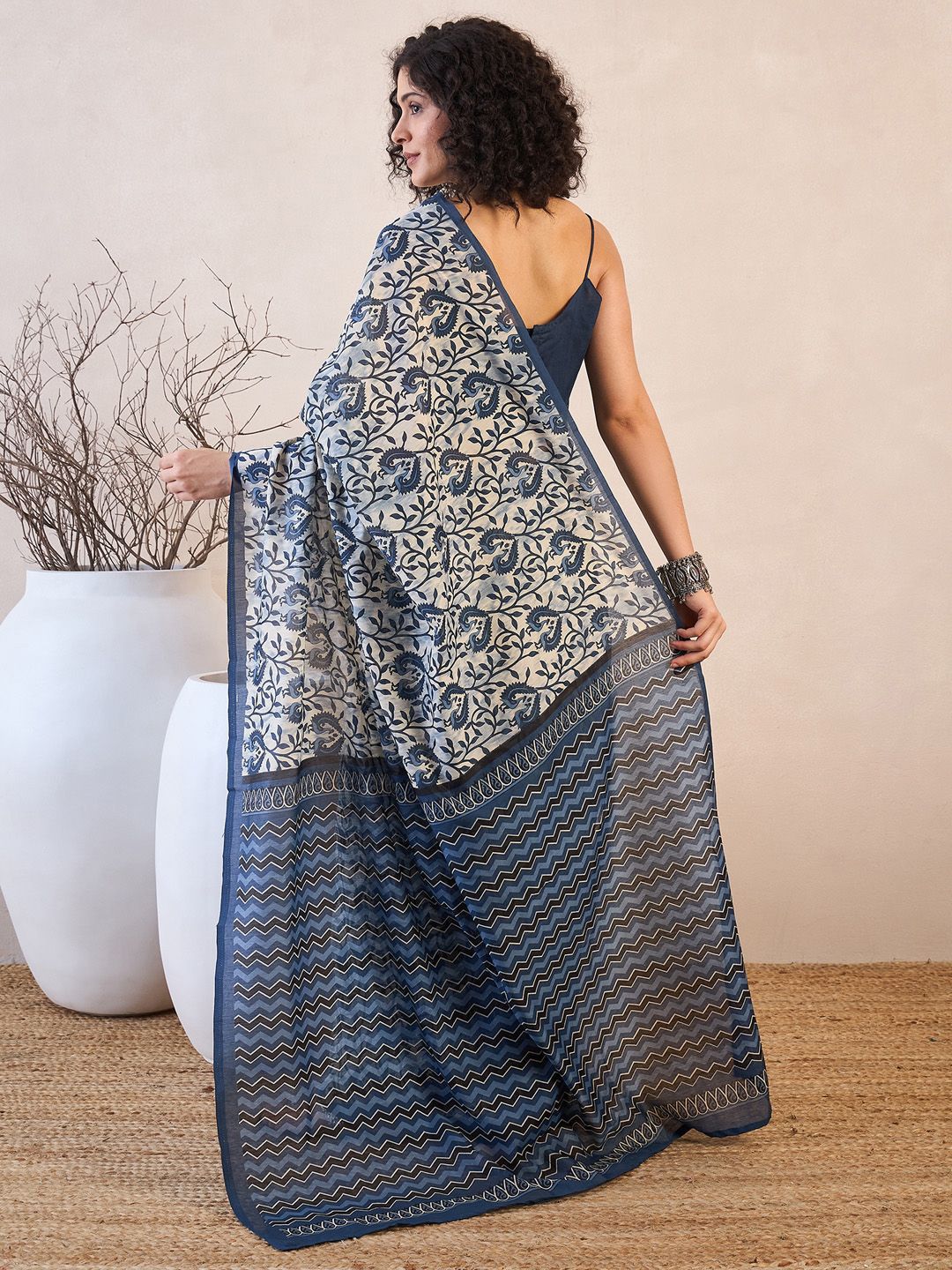 Off White & Blue Dabu Art Silk Saree – Ready to Wear – Ethnic Motif Print