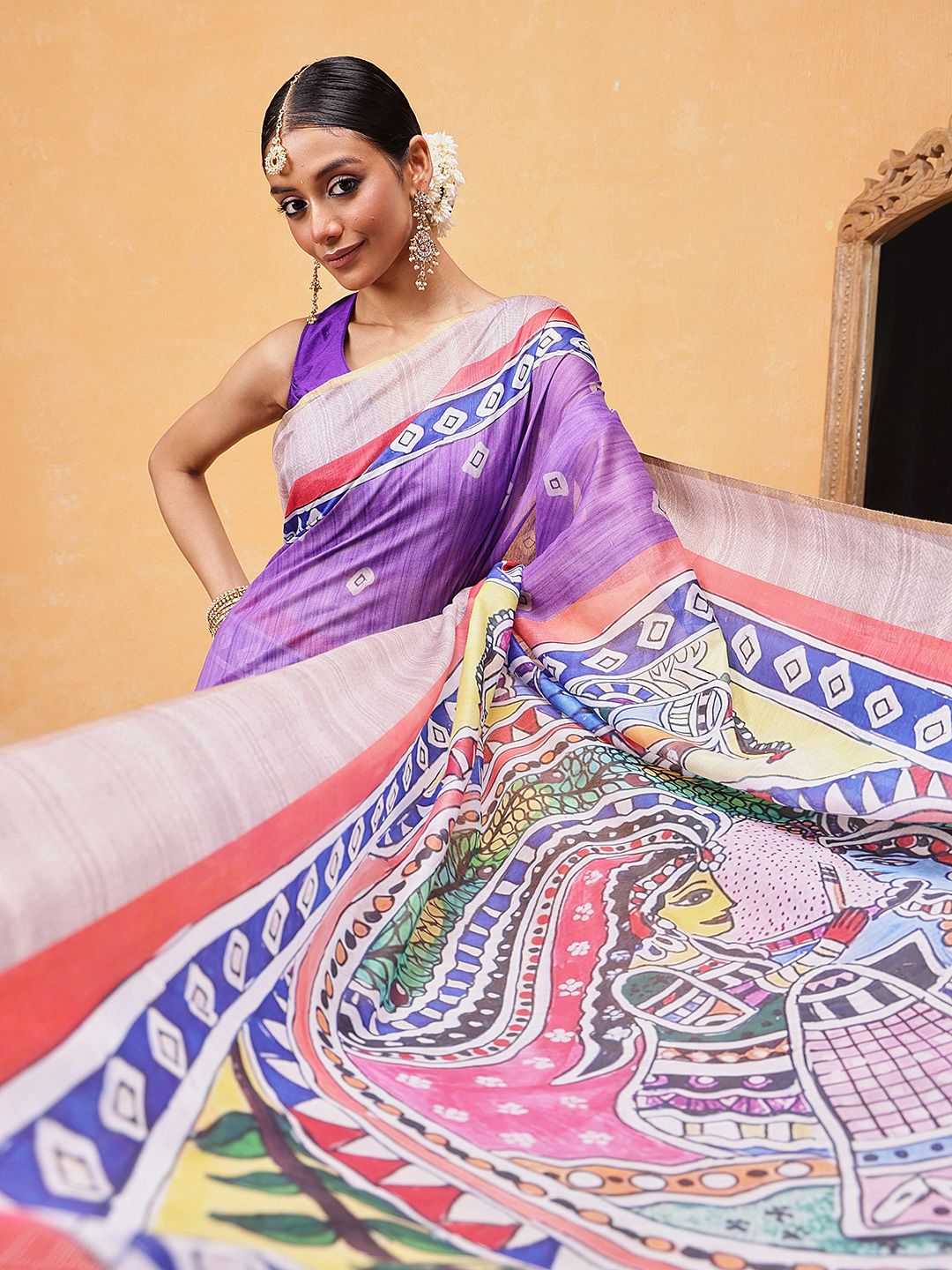 Purple & Green Chanderi Cotton Blend Saree – Printed Border – Kalamkari Print