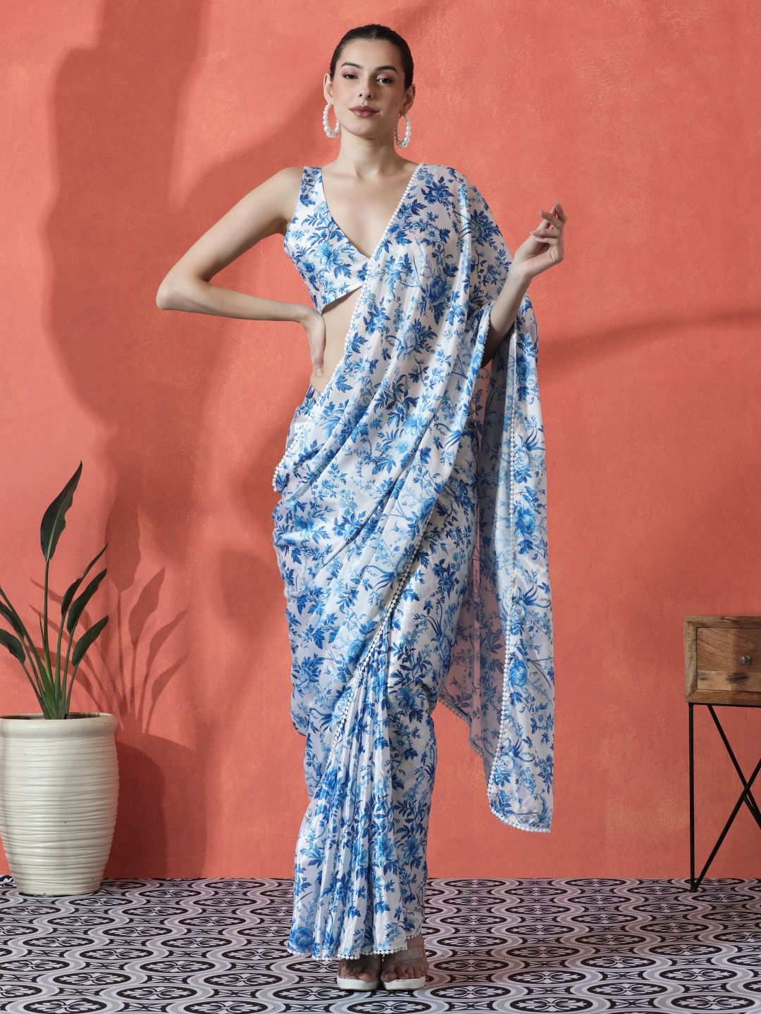 Blue & White Floral Satin Saree – Embellished Detail – Digital Print