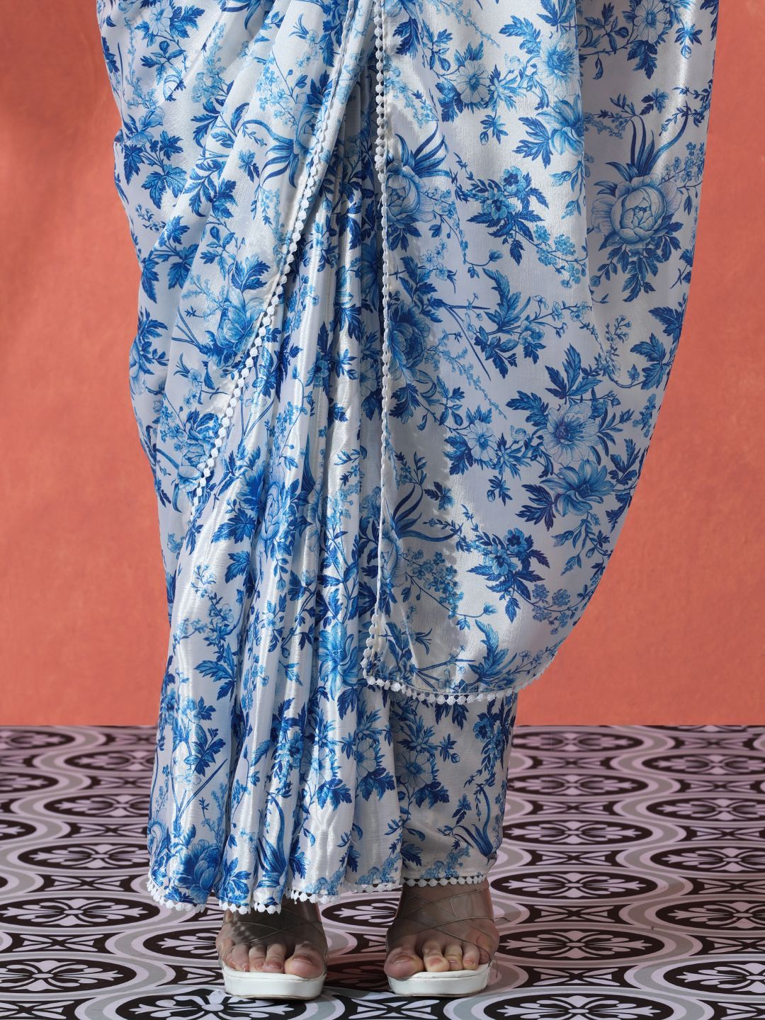 Blue & White Floral Satin Saree – Embellished Detail – Digital Print