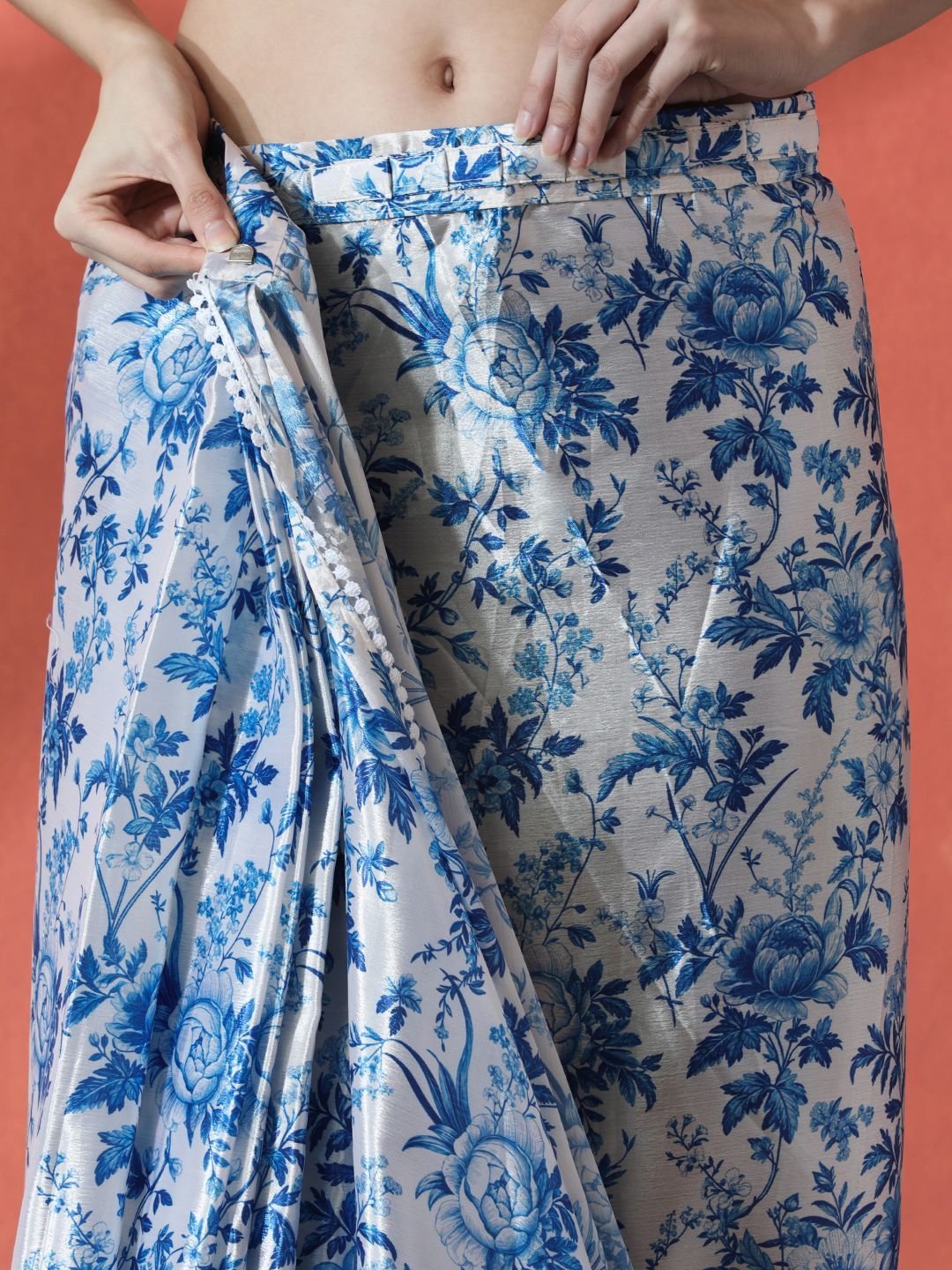 Blue & White Floral Satin Saree – Embellished Detail – Digital Print